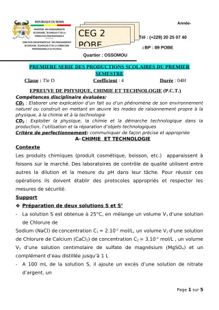 Première page de PCT Tle D — 1re production scolaire, 1er semestre (2023-2024) · CEG 2 Pobè
