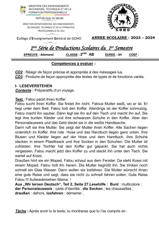 Première page de Allemand 2nde A & B — 1re production scolaire, 1er semestre (2023-2024) · CEG GOHO