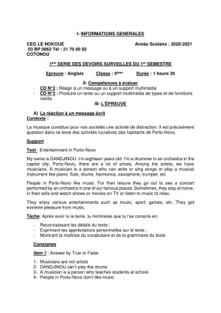 Première page de Anglais 5e — 1er devoir surveillé, 1er semestre (2020-2021) · CEG LE NOKOUE