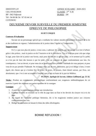 Première page de Philosophie 2nde A2, 2nde B — 2e devoir surveillé, 1er semestre (2020-2021) · CEG FIYEGNON