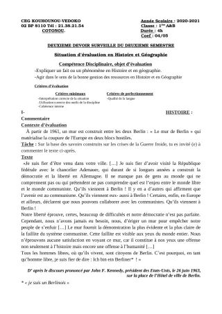 Première page de Histoire-Géographie 1ère A1, 1ère A2, 1ère B — 2e devoir surveillé, 2e semestre (2020-2021) · CEG Kouhounou-Vêdoko