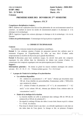 Première page de PCT Tle C — 1er devoir surveillé, 2e semestre (2020-2021) · CEG LE NOKOUE
