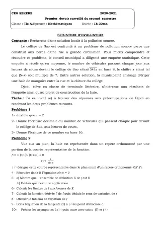 Première page de Mathématiques Tle A2 — 1er devoir surveillé, 2e semestre (2020-2021) · CEG SEKERE