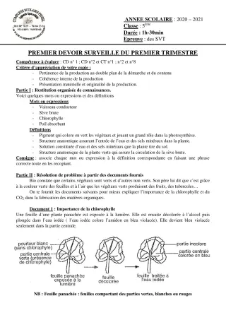 Première page de SVT 5e — 1er devoir surveillé, 1er trimestre (2020-2021) · CPEG PENIEL
