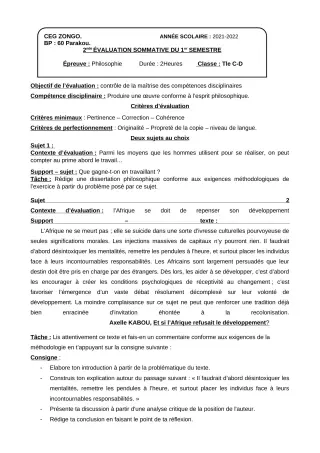 Première page de Philosophie Tle C, Tle D — 2e évaluation sommative, 1er semestre (2021-2022) · CEG ZONGO