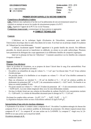 Première page de PCT Tle D — 1er devoir surveillé, 2e semestre (2018-2019) · CEG ZOGBO