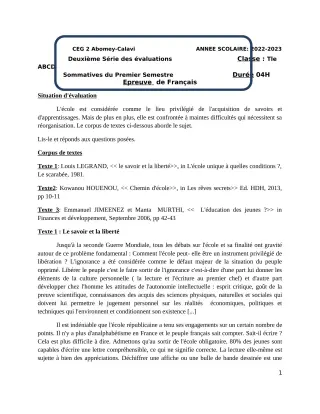 Première page de Français Tle A1 — 2e évaluation sommative, 1er semestre (2022-2023) · CEG2 ABOMEY - CALAVI (CEG ZOCA)