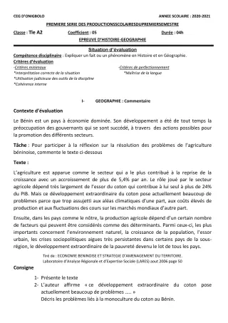 Première page de Devoir surveillé de HIST-GEO — Tle A2 — CEG ONIGBOLO (2020)