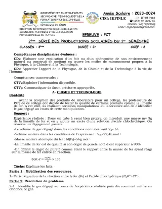 Première page de PCT 3e — 2e production scolaire, 1er semestre (2023-2024) · CEG1 Ikpinlè