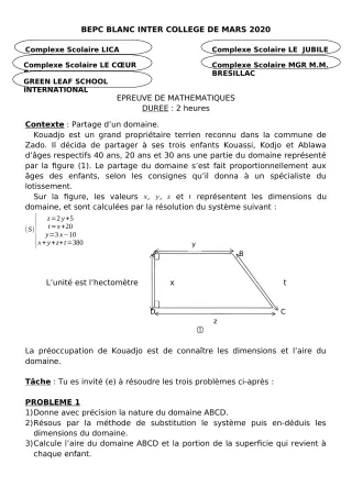 Première page de Examen Blanc de MATHS GENE — 3e, 3e ML — CPEG LICA (2019)