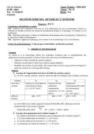 Première page de PCT Tle D — 2e devoir surveillé, 1er semestre (2020-2021) · CEG LE NOKOUE