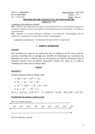 Première page de PCT 1ère D — 1er devoir surveillé, 2e semestre (2018-2019) · CEG Le Méridien