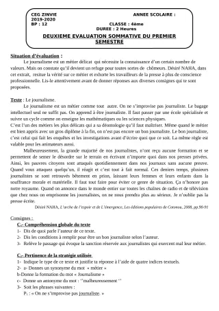 Première page de Français 4e, 4e ML — 2e évaluation sommative, 1er semestre (2019-2020) · CEG Zinvié