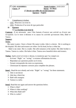 Première page de Anglais 6e, 5e, 4e, 4e ML, 3e, 3e ML, 2nde A, 2nde B, 2nde C, 2nde D, 1ère A1, 1ère A2, 1ère B, 1ère C, 1ère D, Tle A1, Tle A2, Tle B, Tle C, Tle D — 1er devoir surveillé, 2e semestre (2018-2019) · CE