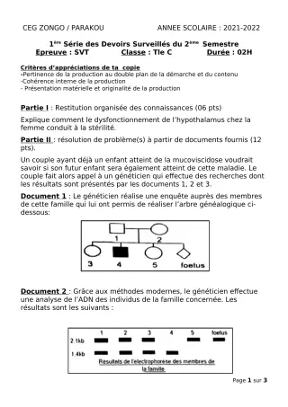 Première page de SVT Tle C — 1er devoir surveillé, 2e semestre (2021-2022) · CEG ZONGO