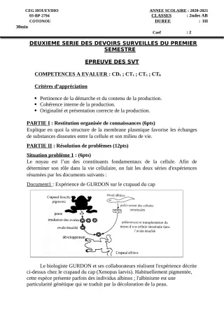 Première page de SVT 2nde A, 2nde A & B, 2nde B — 2e devoir surveillé, 1er semestre (2020-2021) · CEG HOUEYIHO