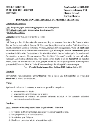 Première page de Allemand 1ère A1, 1ère A2, 1ère B — 2e devoir surveillé, 1er semestre (2022-2023) · CEG LE NOKOUE