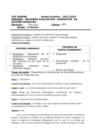 Première page de Philosophie Tle D — 2e évaluation sommative, 2e semestre (2022-2023) · CEG SEKERE