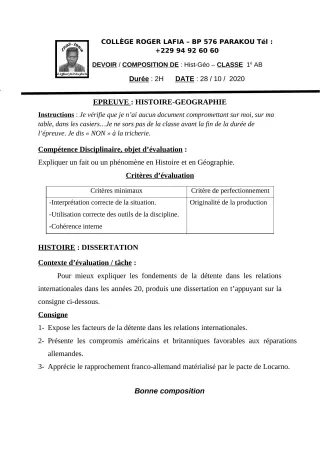 Première page de Histoire-Géographie 1ère A1, 1ère A2, 1ère B — Composition (2020-2021) · CPEG Roger LAFIA