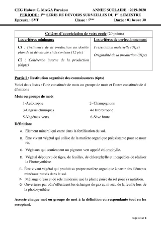Première page de SVT 5e — 1er devoir surveillé, 1er semestre (2019-2020) · CEG Hubert C. MAGA