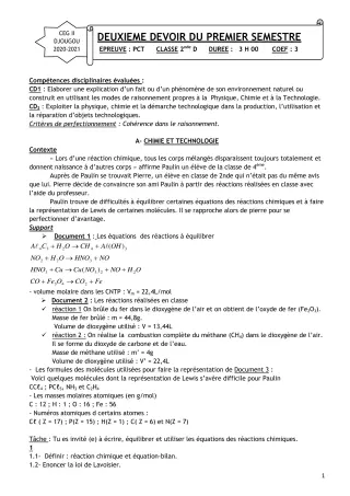 Première page de PCT 2nde D — 2e devoir surveillé, 1er semestre (2020-2021) · CEG 2 Djougou