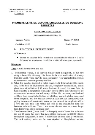 Première page de Anglais 1ère A1, 1ère A2, 1ère B, 1ère C, 1ère D — 1er devoir surveillé, 2e semestre (2020-2021) · CEG Kouhounou-Vêdoko