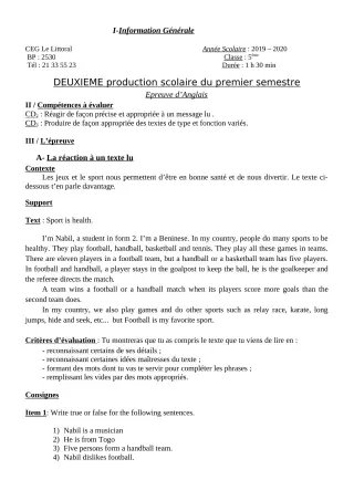 Première page de Anglais 5e — 2e production scolaire, 1er semestre (2019-2020) · CEG Le Littoral
