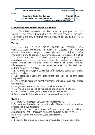 Première page de Histoire-Géographie 5e — 2e devoir surveillé, 2e semestre (2021-2022) · CEG2 ABOMEY - CALAVI (CEG ZOCA)