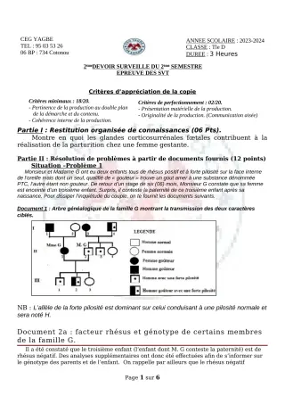 Première page de SVT Tle D — Devoir surveillé, 2e semestre (2023-2024) · CEG Yagbe