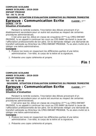 Première page de Français 5e — Évaluation sommative, 1er trimestre (2019-2020) · CPEG ENFANT PRODIGE
