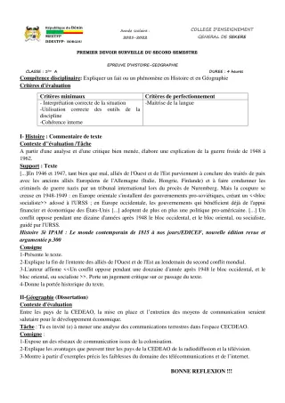 Première page de Histoire-Géographie 1ère A2 — 1er devoir surveillé, 2e semestre (2021-2022) · CEG SEKERE