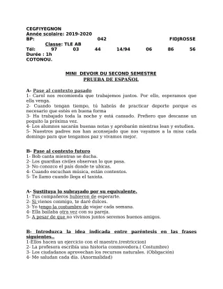 Première page de Espagnol Tle A1, Tle A2, Tle B — 1er devoir surveillé, 2e semestre (2019-2020) · CEG FIYEGNON