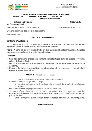 Première page de Histoire-Géographie 4e — Devoir surveillé, 1er semestre (2022-2023) · CEG SEKERE
