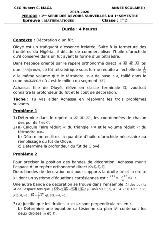 Première page de Mathématiques Tle D — 1er devoir surveillé (2019-2020) · CEG Hubert C. MAGA