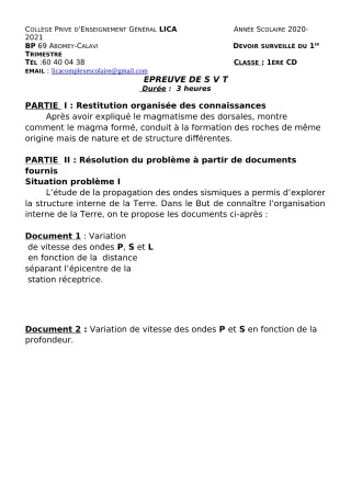 Première page de SVT 1ère C, 1ère D — Devoir surveillé, 1er trimestre (2020-2021) · CPEG LICA