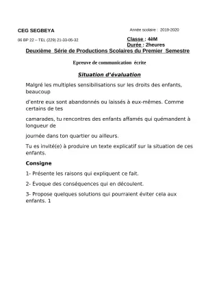 Première page de Français 4e, 4e ML — 2e production scolaire, 1er semestre (2019-2020) · CEG SEGBEYA