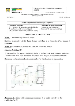 Première page de SVT 1ère D — 1er devoir surveillé, 1er semestre (2022-2023) · CEG SEKERE