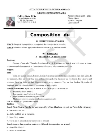 Première page de Anglais 6e, 5e, 4e, 4e ML, 3e, 3e ML — 2e composition (2019-2020) · CPEG Saint Felix