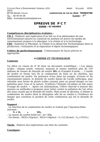 Première page de PCT 4e, 4e ML — 1re composition, 3e trimestre (2019-2020) · CPEG LICA