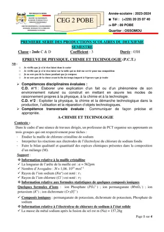 Première page de PCT 2nde C, 2nde D — 1re production scolaire, 2e semestre (2023-2024) · CEG 2 Pobè
