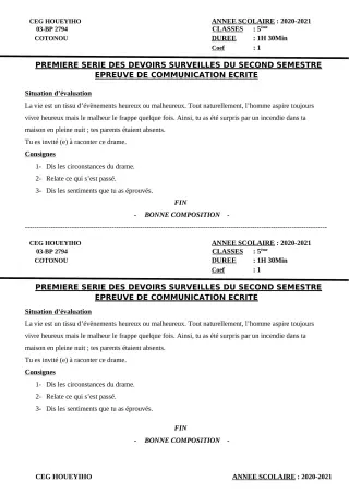 Première page de Français 5e — 1er devoir surveillé, 2e semestre (2020-2021) · CEG HOUEYIHO