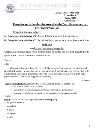 Première page de Anglais 6e — 1er devoir surveillé, 2e semestre (2019-2020) · CEG ADJOVICODJI 'LES OLIVIERS'