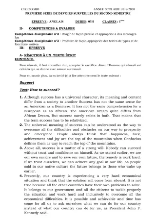 Première page de Anglais 1ère A2, 1ère B, 1ère C, 1ère D — 1er devoir surveillé, 2e semestre (2019-2020) · CEG ZOGBO