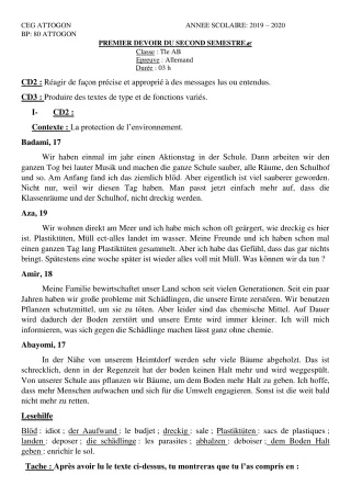 Première page de Allemand Tle A & B, Tle A1, Tle A2, Tle B — 1er devoir surveillé, 2e semestre (2019-2020) · CEG Attogon