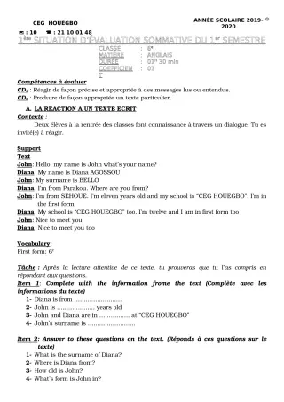 Première page de Anglais 6e — Évaluation sommative, 1er semestre (2019-2020) · CEG HOUEGBO