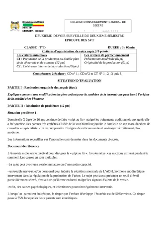 Première page de SVT Tle D — 2e devoir surveillé, 2e semestre (2022-2023) · CEG SEKERE