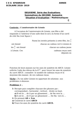 Première page de Mathématiques 6e — 2e évaluation sommative, 2e semestre (2018-2019) · CEG Kpanroun
