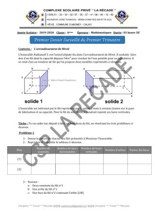 Première page de Mathématiques 6e — 1er devoir surveillé, 1er trimestre (2019-2020) · CPEG LA RECADE