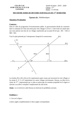 Première page de Mathématiques 5e — 2e devoir surveillé, 1er semestre (2019-2020) · CEG du Lac
