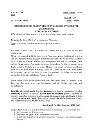 Première page de Allemand 3e ML — 2e devoir surveillé, 2e semestre (2019-2020) · CEG du Lac